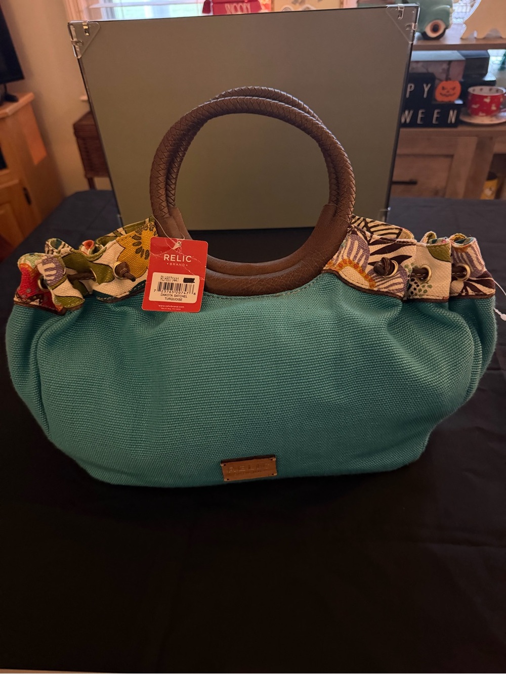 Relic by Fossil Teal Canvas Handbag with Brown Handles - NWT